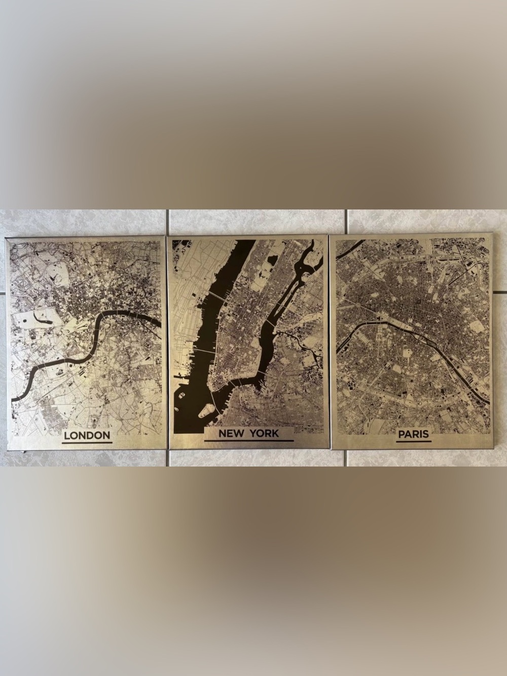 London New York Paris Map Wall Art - Black and Silver
